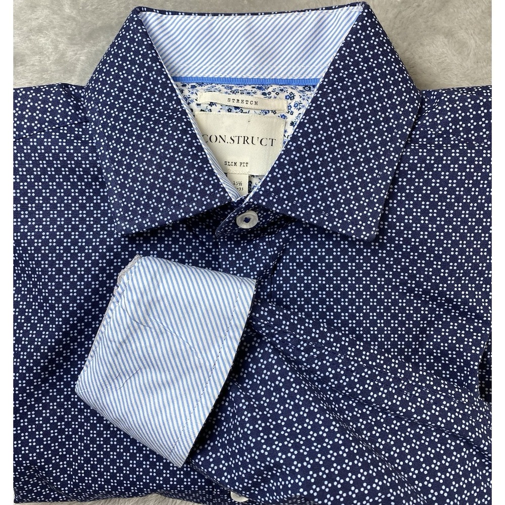 Construct Stretch Slim Fit 15.5‎ 34-35 Blue  Flip Cuff Collared Dress Shirt